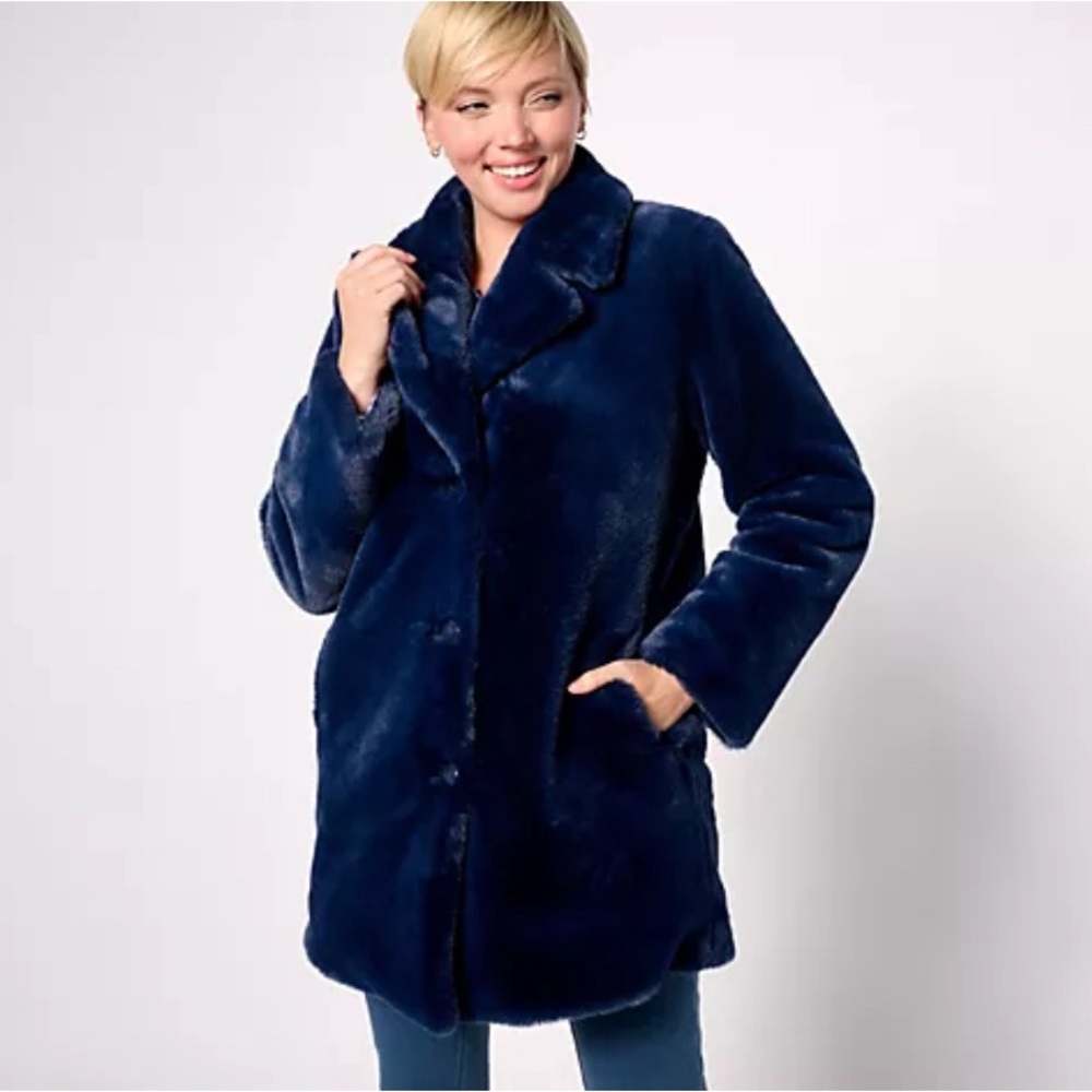 Dennis Basso 30th Anniversary Faux Fur Coat, navy, size small. NWT.